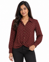 Nuvaara women's rust terracotta polka dot button-down long sleeve blouse with front twist knot hem