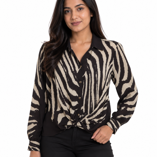 Nuvaara women's rust terracotta polka dot button-down long sleeve blouse with front twist knot hem