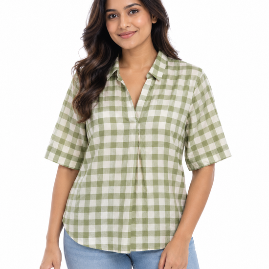 Nuvaara women's sage green and white gingham check split V-neck collared short sleeve blouse