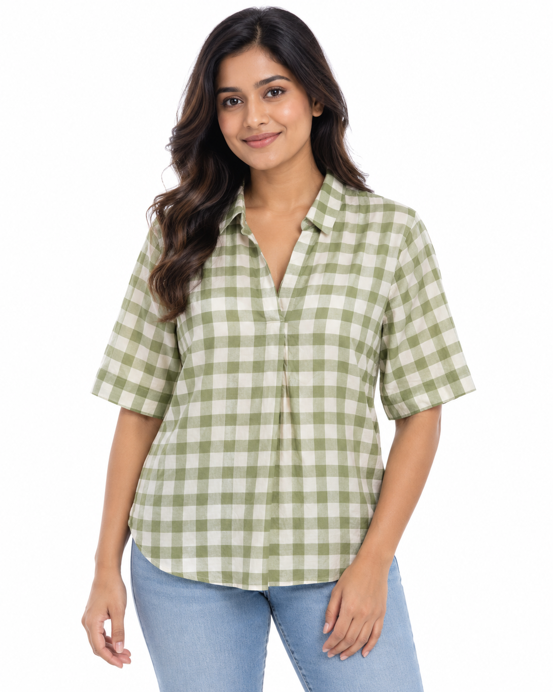 Nuvaara women's sage green and white gingham check split V-neck collared short sleeve blouse