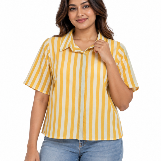 Nuvaara women's yellow and white vertical striped short sleeve collared casual shirt blouse