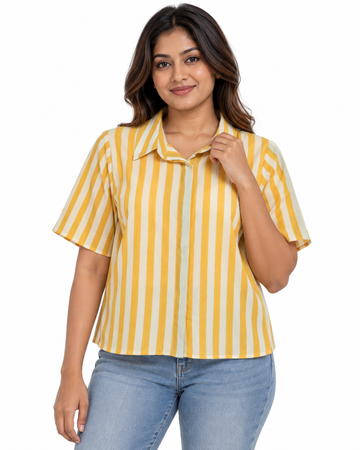 Nuvaara women's yellow and white vertical striped short sleeve collared casual shirt blouse