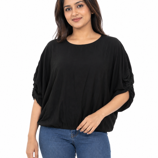 Nuvaara women's round neck blouson top with ruched gathered sleeves and elasticated bubble hem