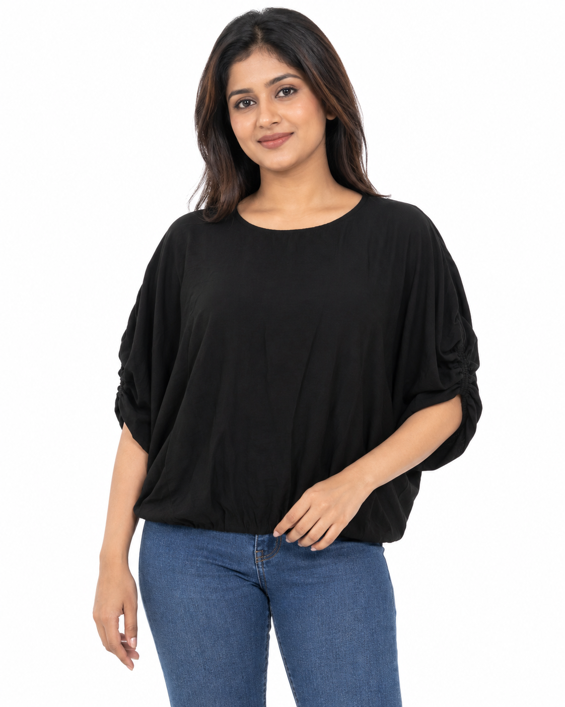 Nuvaara women's round neck blouson top with ruched gathered sleeves and elasticated bubble hem