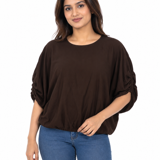 Nuvaara women's round neck blouson top with ruched gathered sleeves and elasticated bubble hem