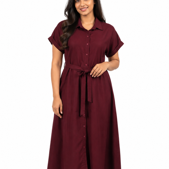 Cinnamon Isle women's button-down midi shirt dress with waist tie sash and cuffed sleeves