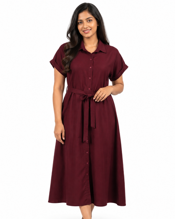 Cinnamon Isle women's button-down midi shirt dress with waist tie sash and cuffed sleeves