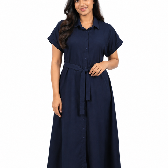 Cinnamon Isle women's button-down midi shirt dress with waist tie sash and cuffed sleeves