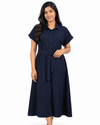 Cinnamon Isle women's button-down midi shirt dress with waist tie sash and cuffed sleeves
