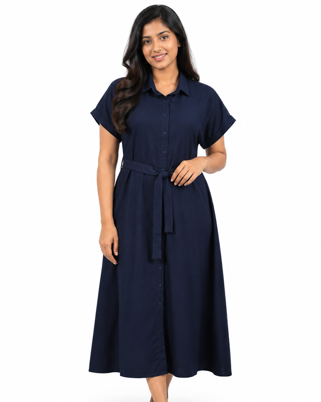 Cinnamon Isle women's button-down midi shirt dress with waist tie sash and cuffed sleeves