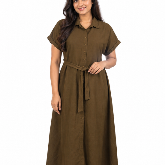 Cinnamon Isle women's button-down midi shirt dress with waist tie sash and cuffed sleeves