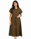 Cinnamon Isle women's button-down midi shirt dress with waist tie sash and cuffed sleeves