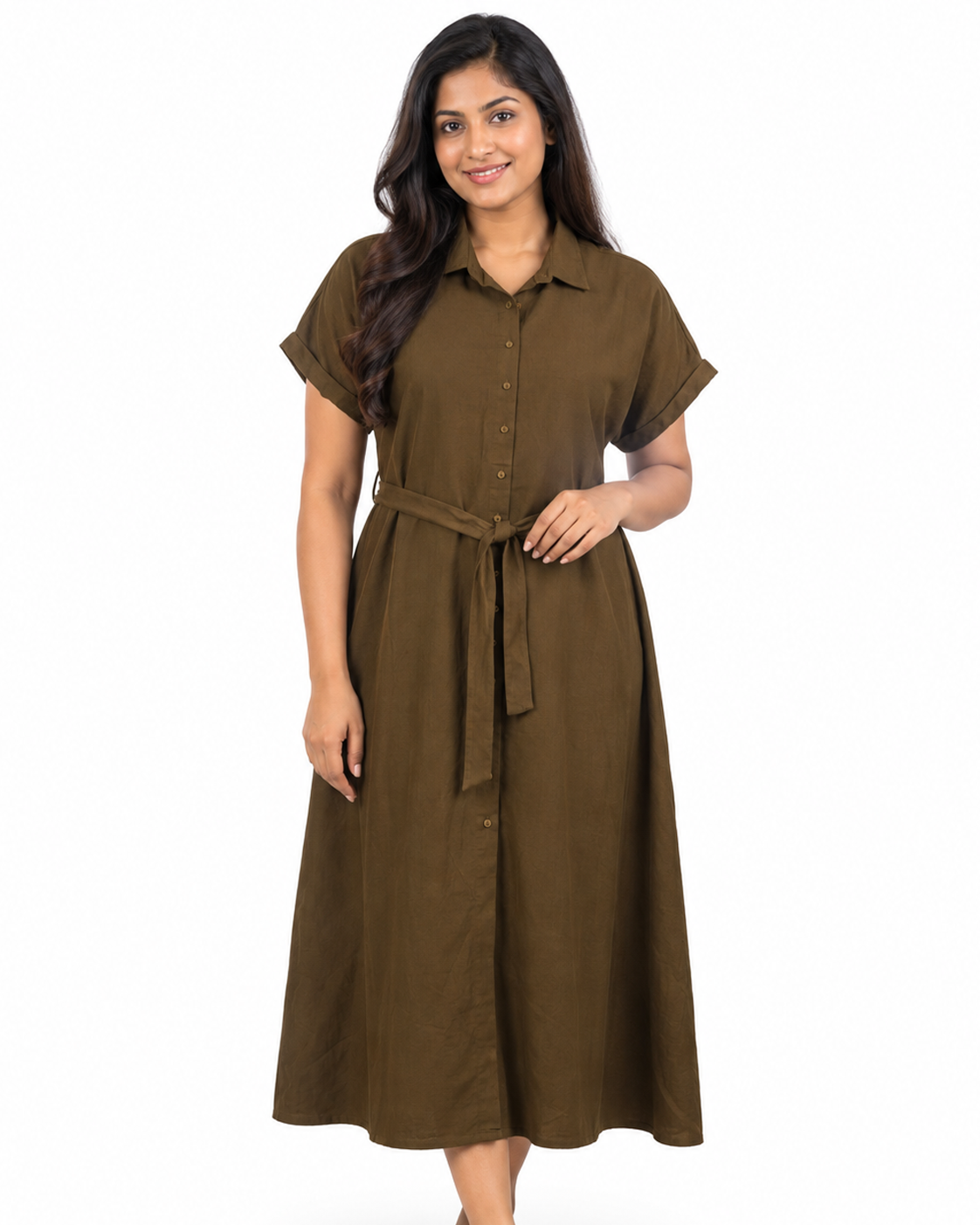 Cinnamon Isle women's button-down midi shirt dress with waist tie sash and cuffed sleeves