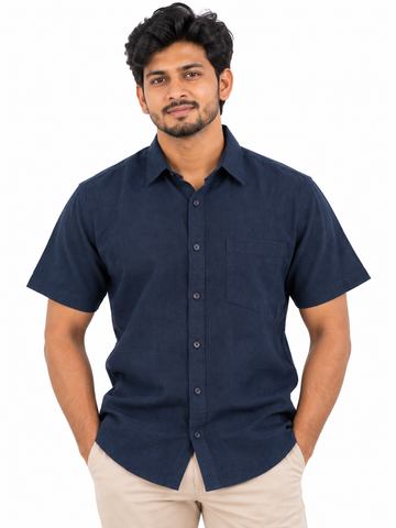 Men's Classic Linen Blend Short Sleeve Casual Shirt (Dark Blue)