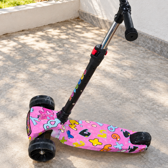 Kids 3-wheel adjustable kick scooter with colorful printed deck in magenta