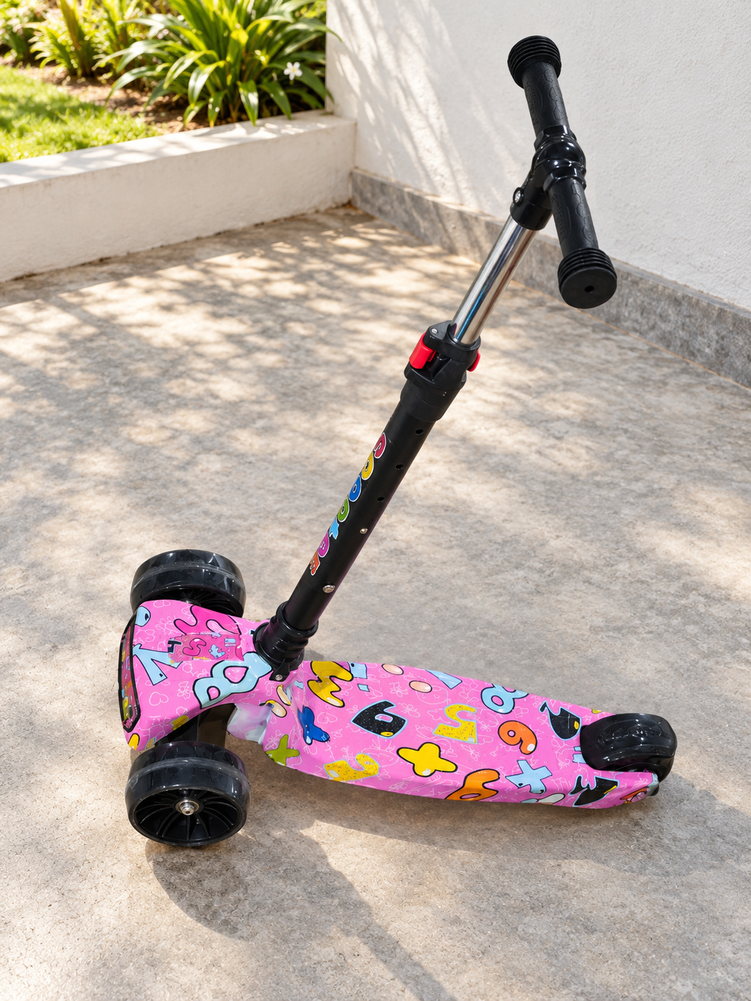 Kids 3-wheel adjustable kick scooter with colorful printed deck in magenta