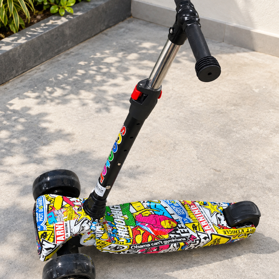 Kids 3-wheel adjustable kick scooter with printed deck front view