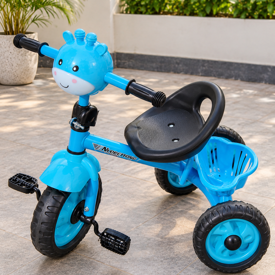 Kids cartoon giraffe 3-wheel pedal tricycle with rear basket in bright blue