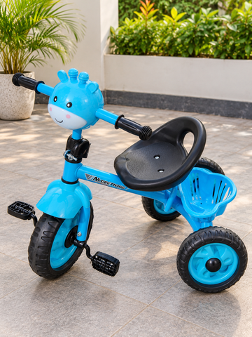 Kids cartoon giraffe 3-wheel pedal tricycle with rear basket in bright blue