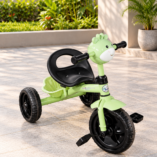 Kids cartoon giraffe 3-wheel pedal tricycle seat and rear basket detail