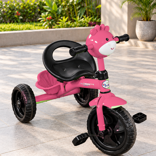 Kids cartoon giraffe 3-wheel pedal tricycle side profile