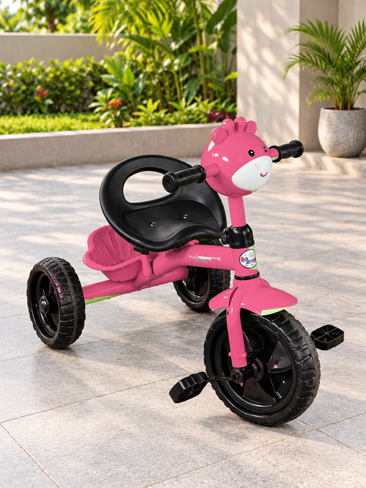 Kids cartoon giraffe 3-wheel pedal tricycle side profile