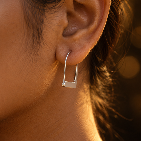 NUVAARA minimalist silver rectangular wire hoop earrings with flat bar base
