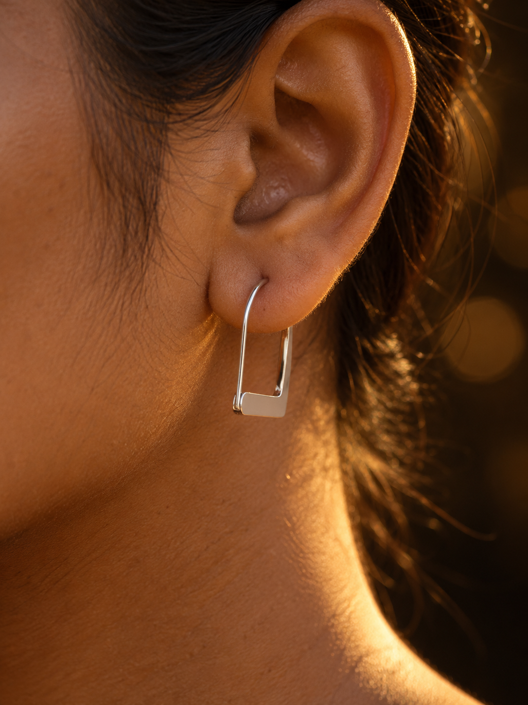 NUVAARA minimalist silver rectangular wire hoop earrings with flat bar base