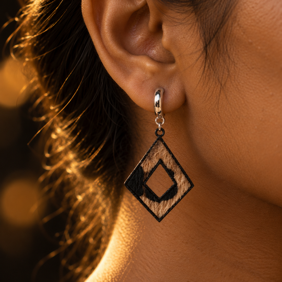 NUVAARA textured animal print fur cutout rhombus dangle earrings on silver huggie hoop