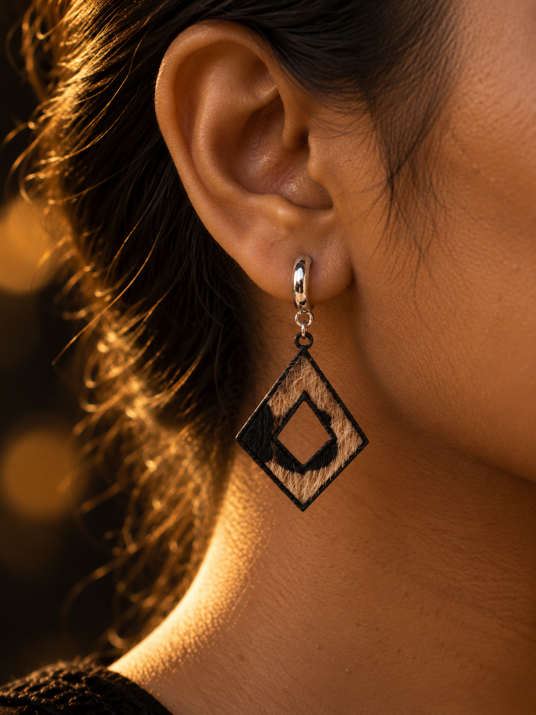 NUVAARA textured animal print fur cutout rhombus dangle earrings on silver huggie hoop