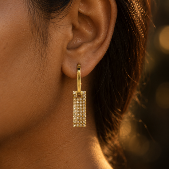 NUVAARA gold crystal pavé rectangular bar drop earrings with huggie clasp