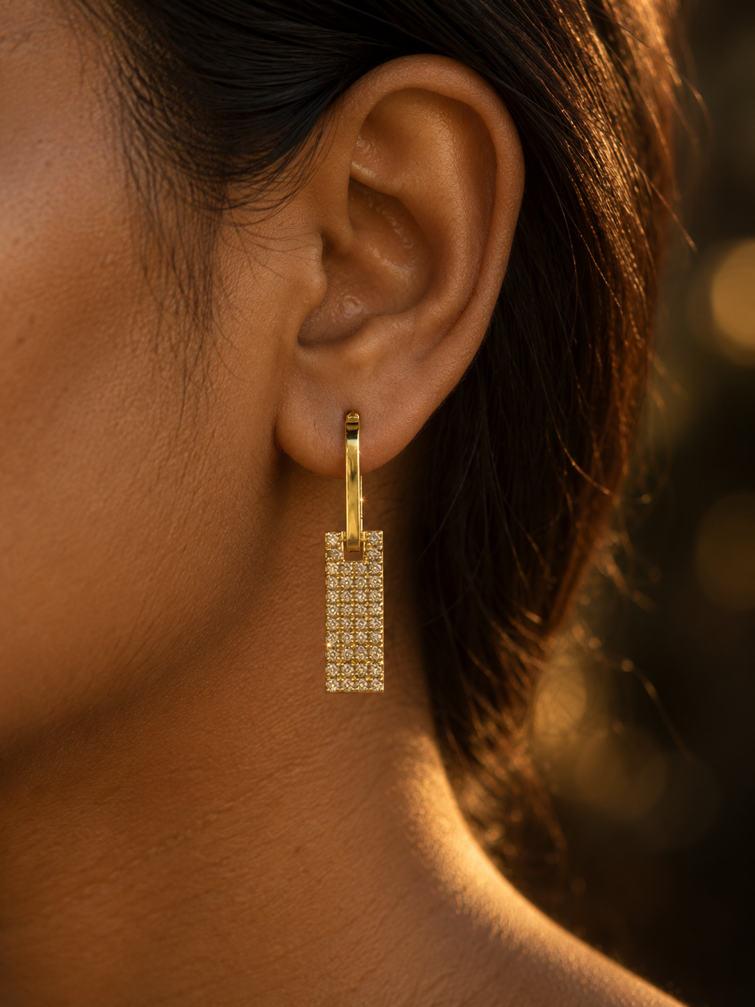 NUVAARA gold crystal pavé rectangular bar drop earrings with huggie clasp