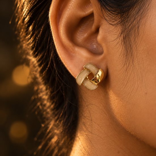 NUVAARA vintage style cream enamel and gold interwoven geometric knot stud earrings