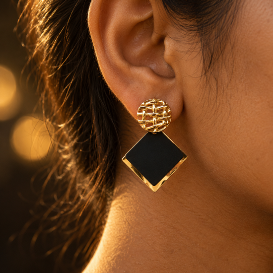NUVAARA woven basketweave gold stud with dangling black enamel rhombus diamond pendant