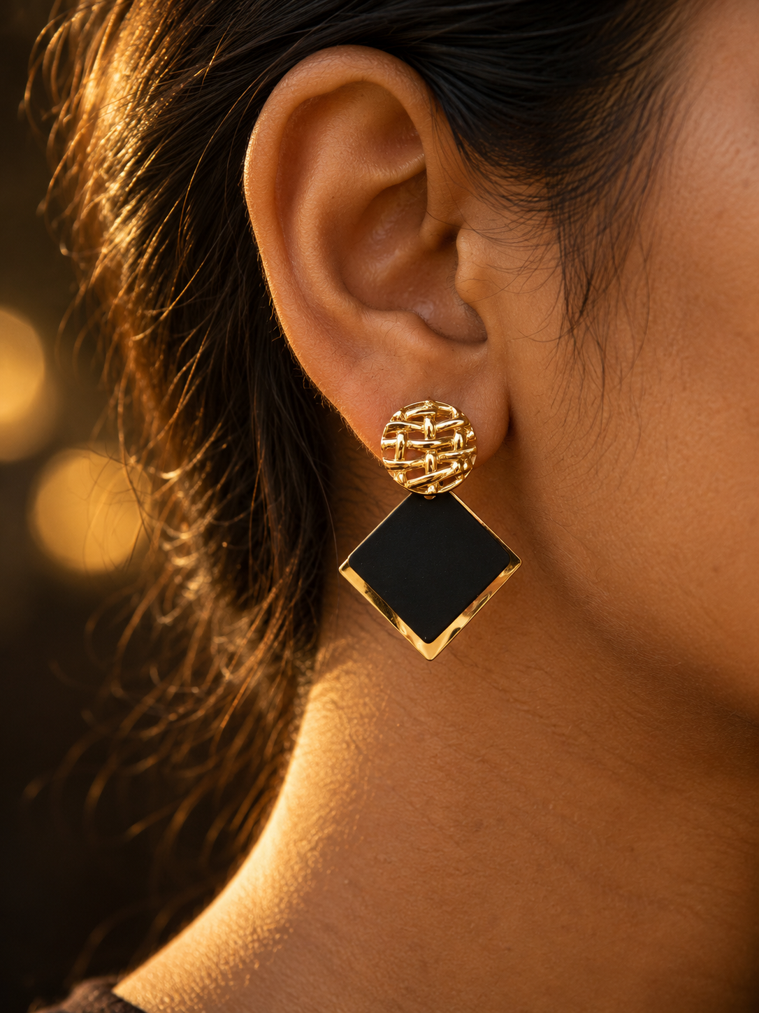NUVAARA woven basketweave gold stud with dangling black enamel rhombus diamond pendant