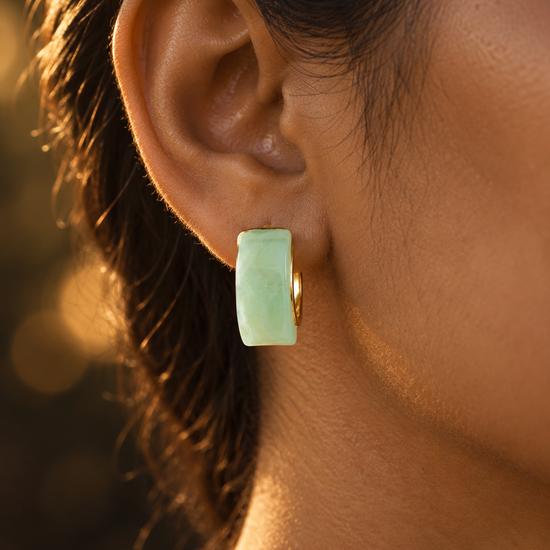 NUVAARA green jade marbled resin curved huggie hoop earrings with gold-tone rim