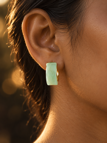 NUVAARA green jade marbled resin curved huggie hoop earrings with gold-tone rim