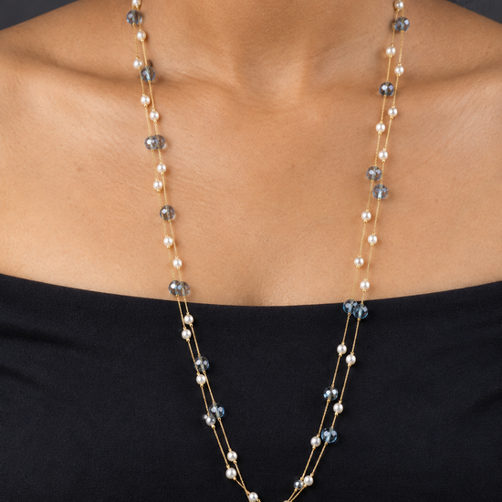 NUVAARA faceted blue crystal bead and faux pearl double strand long necklace