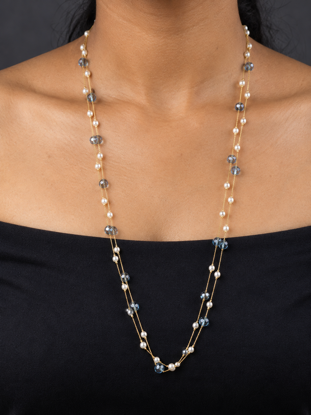 NUVAARA faceted blue crystal bead and faux pearl double strand long necklace