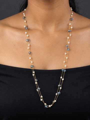 NUVAARA faceted blue crystal bead and faux pearl double strand long necklace