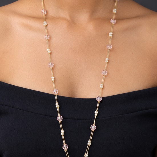 NUVAARA faceted blush pink crystal bead and faux pearl double strand long necklace