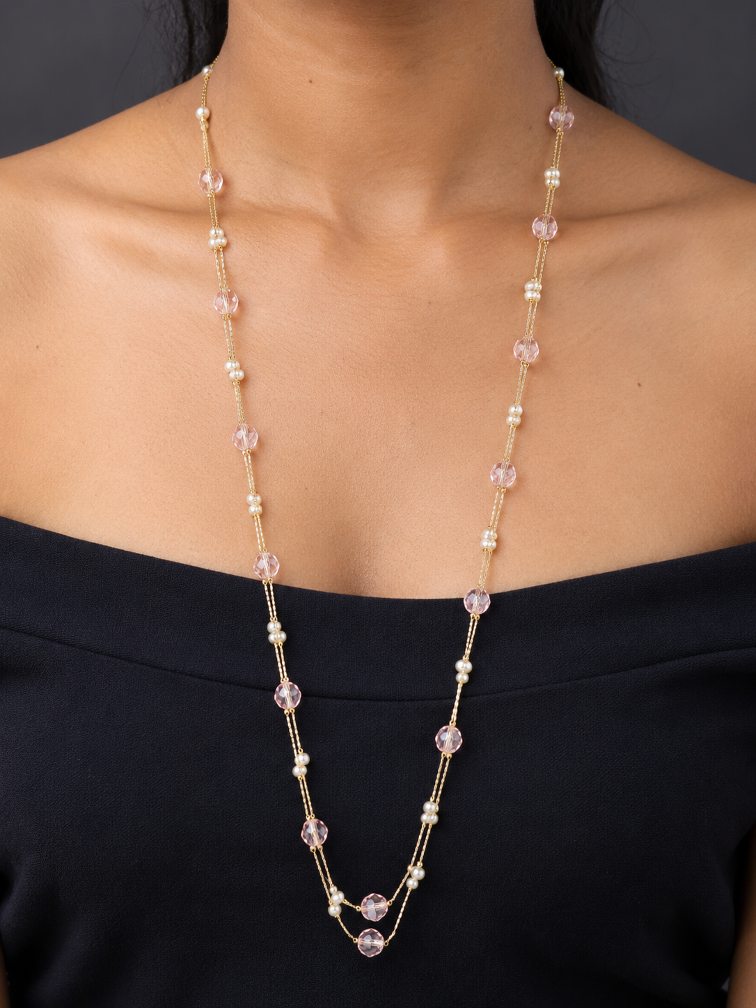 NUVAARA faceted blush pink crystal bead and faux pearl double strand long necklace