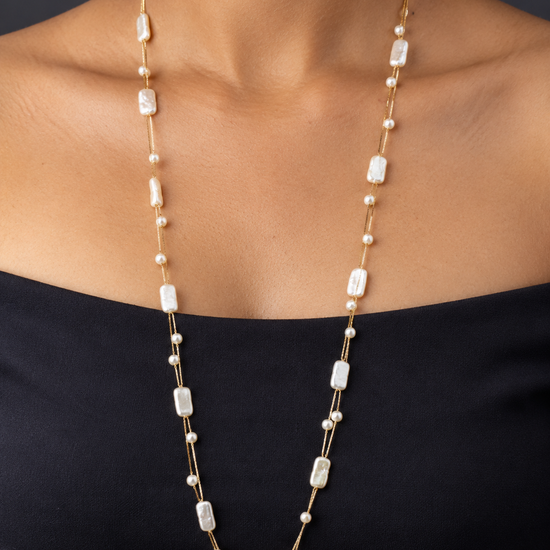 NUVAARA baroque mother-of-pearl tablet and pearl station double strand long opera necklace