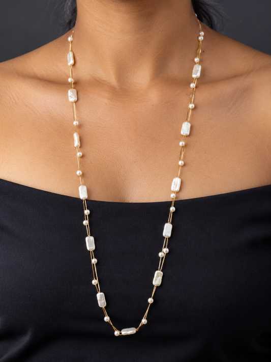 NUVAARA baroque mother-of-pearl tablet and pearl station double strand long opera necklace