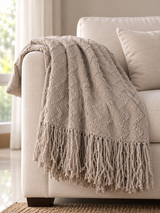 Textured Chevron Knit Fringe Throw Blanket - Oatmeal Beige