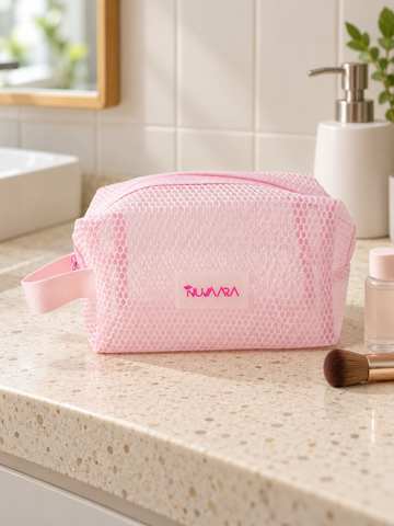 Pastel pink breathable mesh cosmetic pouch with side handle and zipper closure