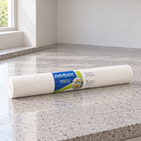 T&CO premium textured white EVA anti-slip shelf and drawer liner roll 45x200cm on granite countertop