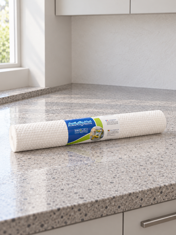 T&CO premium textured white EVA anti-slip shelf and drawer liner roll 45x200cm on granite countertop