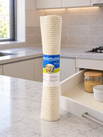 T&CO cushioned mesh anti-slip drawer and shelf grip mat roll 45x150cm in cream shown inside open kitchen drawer