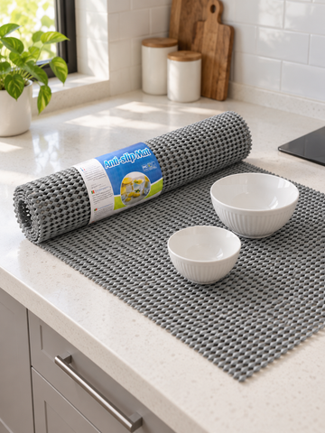 T&CO cushioned mesh anti-slip drawer and shelf grip mat roll 45x150cm in grey unrolled on kitchen counter with white bowls